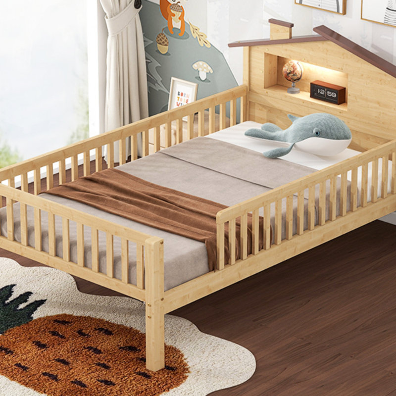 Lit plateforme en bois avec tête de lit en forme de maison, DEL et rangement intégré, cadre de lit, Lit simple, Naturel