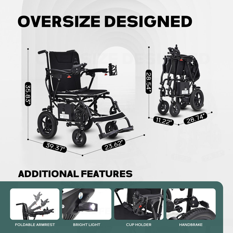 Fauteuil roulant électrique léger pour adultes et personnes âgées - Fauteuils roulants électriques pliables ultralégers de 36 lb, capacité de charge de 264 lb, longue portée de 12 mils, tout terrain, avec lumière DEL et porte-gobelet
