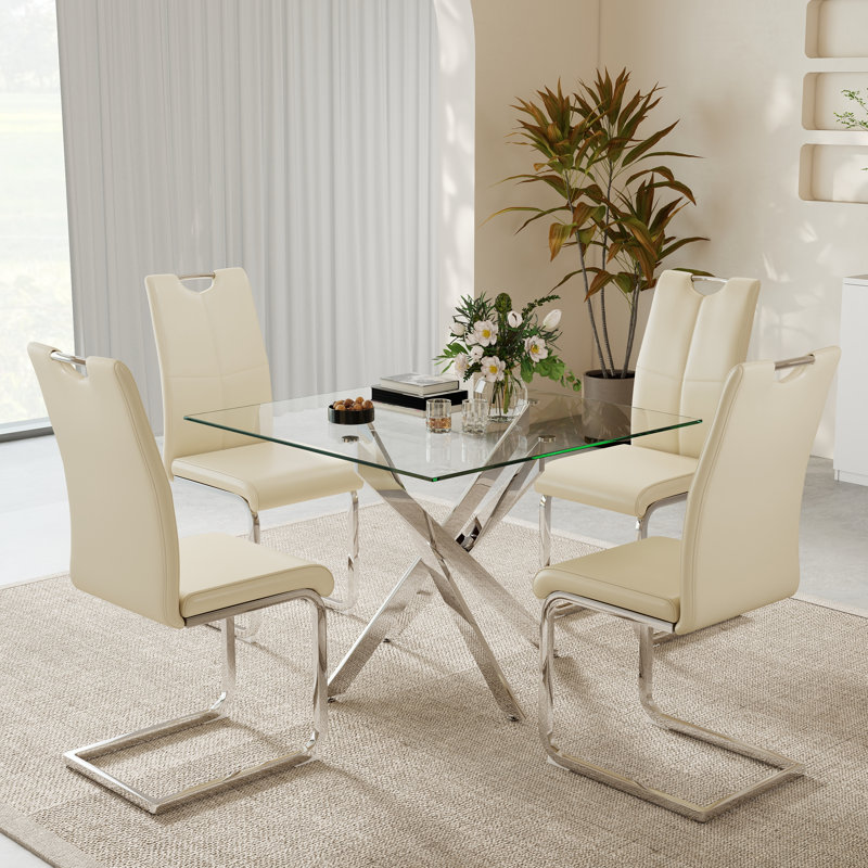 Ensemble de table de salle à manger 5 pièces 36 pouces, plateau en verre trempé avec 4 chaises rembourrées en cuir, ensemble de salle à manger moderne pour petits espaces, salle à manger et coin-repas