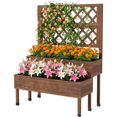 Lit de jardin surélevé à 2 niveaux avec treillis, pot à fleurs surélevé en bois avec roues pour plantes grimpantes, pot de fleurs et légumes pour jardin, porche, pelouse, patio