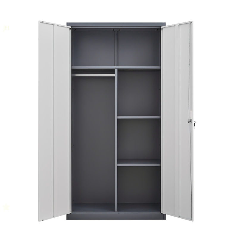 Gray Metal Large-Capacity Wardrobe With Hanging Rod And Compartments, Lockable Closet With Locks & Keys, Steel Construction, Waterproof & Fireproof, Suitable For Bedroom, Living Room And Laundry Room.