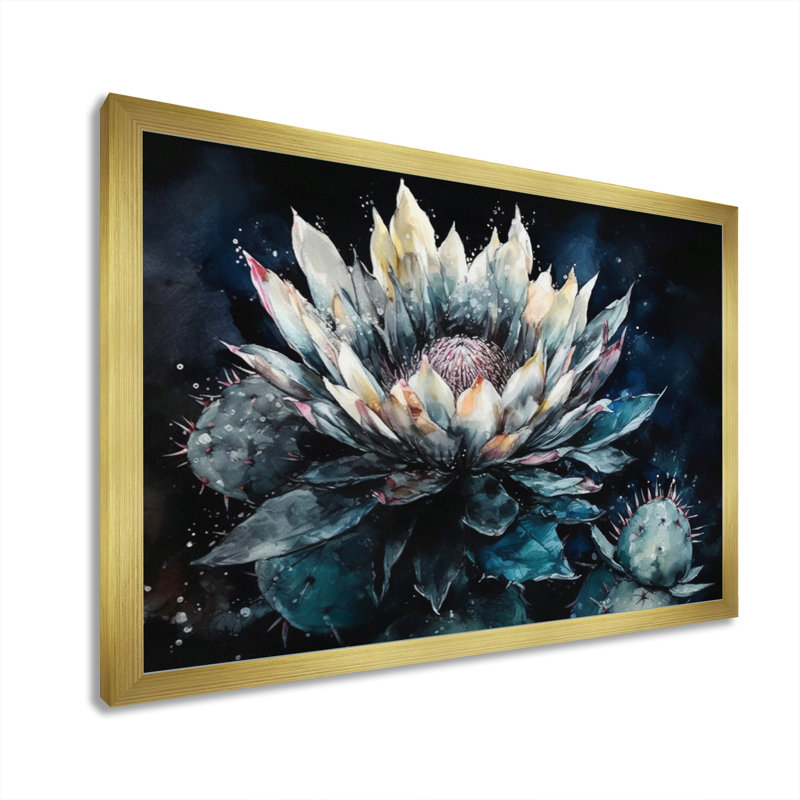 Ryou, fleur de cactus vert sur toile, H 34 po x l 44 po x P 1,5 po, Encadrement doré