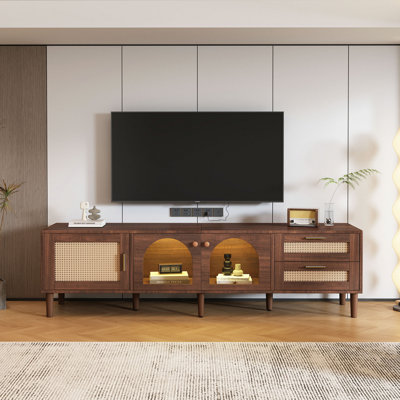 Meuble télé 70 po pour téléviseur de 80 po ou moins, meuble audio-vidéo avec éclairage à DEL contrôlé par application, 2 tiroirs et console de rangement pour porte en verre pour le salon