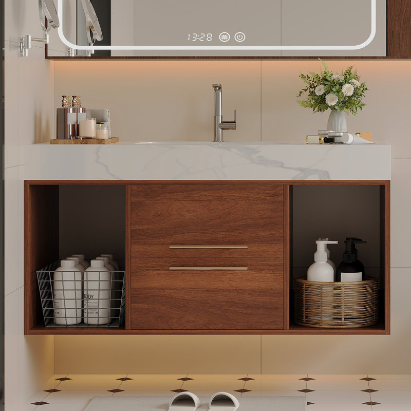 Meuble-lavabo flottant 39,4 po avec lavabo en céramique, 2 tiroirs à fermeture en douceur et plateau en ardoise blanche