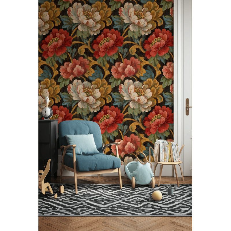 Papier peint floral rétro avec pivoines rouges pelez et collez