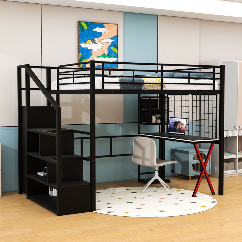 Lit mezzanine avec bureau à DEL intégré, garde-robe et escalier de rangement