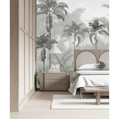Murale forêt de palmiers gris brumeux | Papier peint noir et blanc jungle tropicale | Non-tissé ou pelez et collez