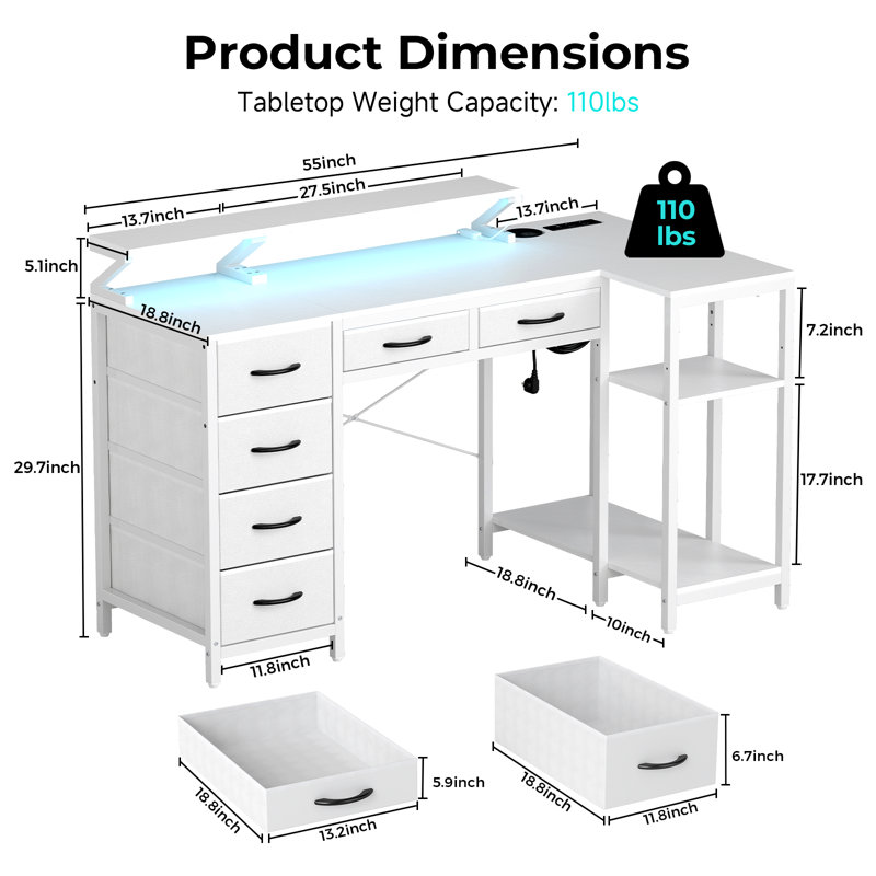 L - Shaped Gaming Desk With Led, White