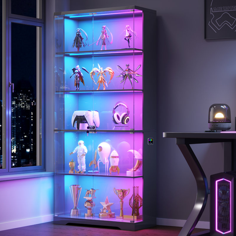 69" H Display Cabinet With Glass Doors,5-Tier Storage Cabinet With Rgb Light& Human Body Sensor, Gray