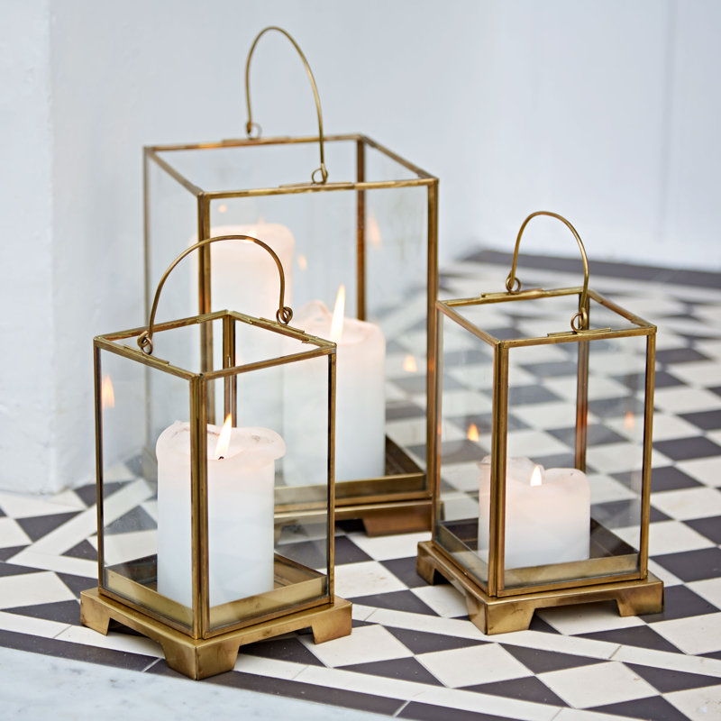 Antique Brass Candle Lantern, 23cm H x 15cm W x 15cm D