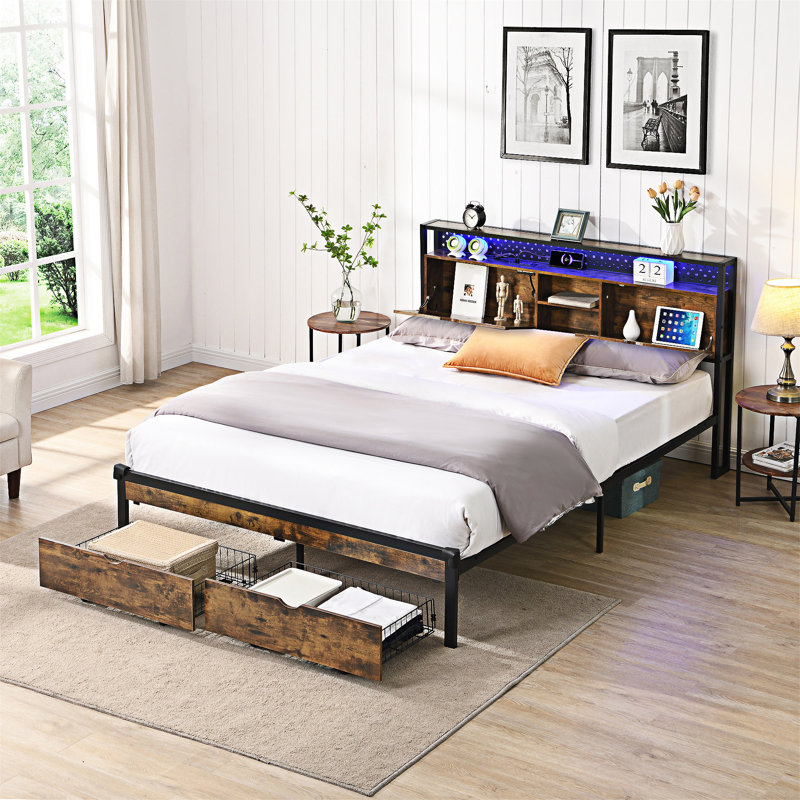 Base de lit Platm avec pied de lit USB, station de charge, tiroirs, Double