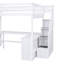 Lit mezzanine double avec bureau intégré en forme de L et tablettes de rangement à trois niveaux, et escalier de rangement attaché, blanc