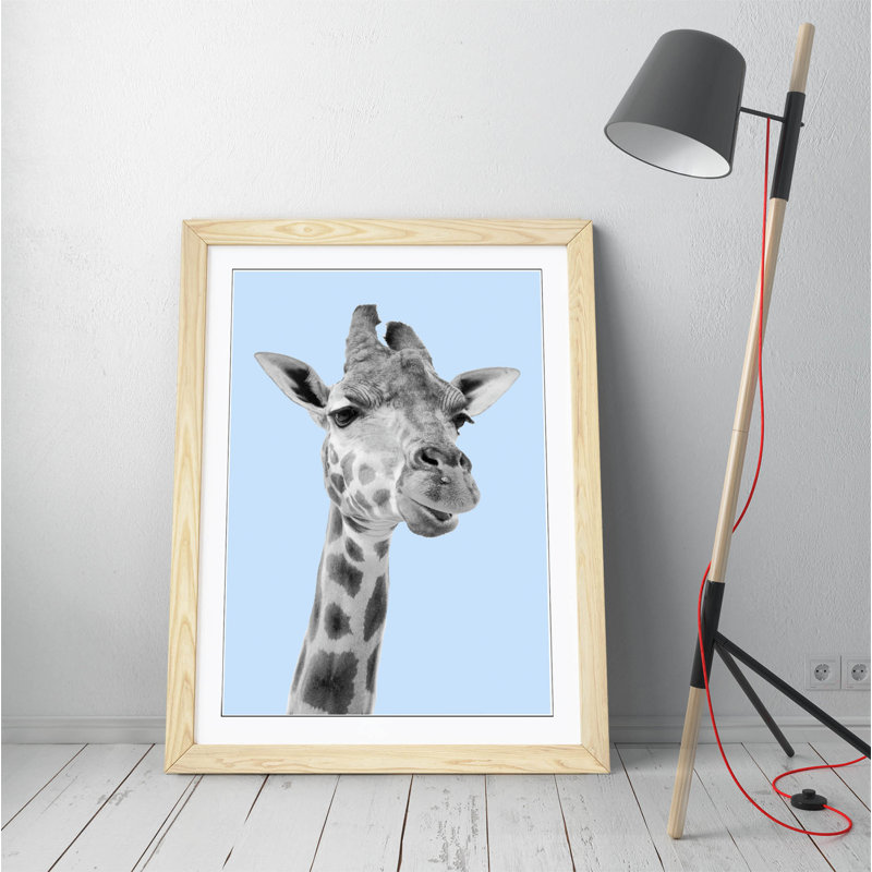Giraffe - Print on Canvas, 64cm H x 47cm W x 2cm D, White/Baby Blue, White Framed