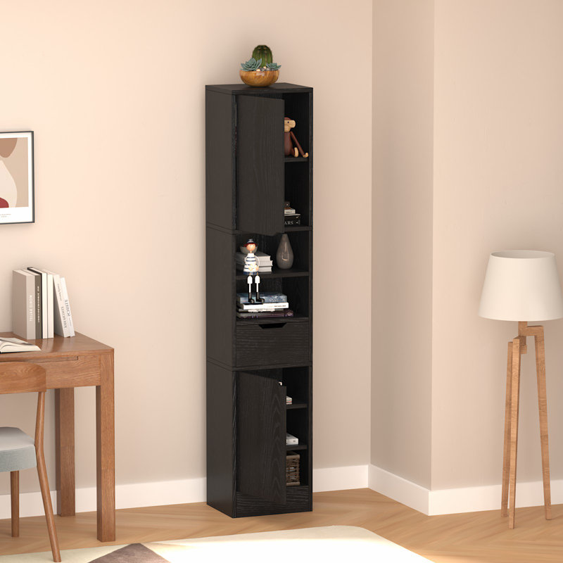8 Tier Wooden Bookshelves and Bookcases with 2 Doors and 1 Drawer,Floor Standing Display Storage Shelves for Home, Black