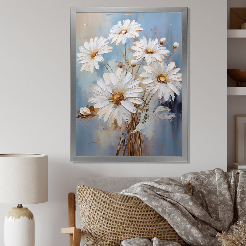 Marguerite blanche en fleurs élégance IV - imprimé, H 40 po x l 30 po x P 1,5 po, Cadre simple argenté