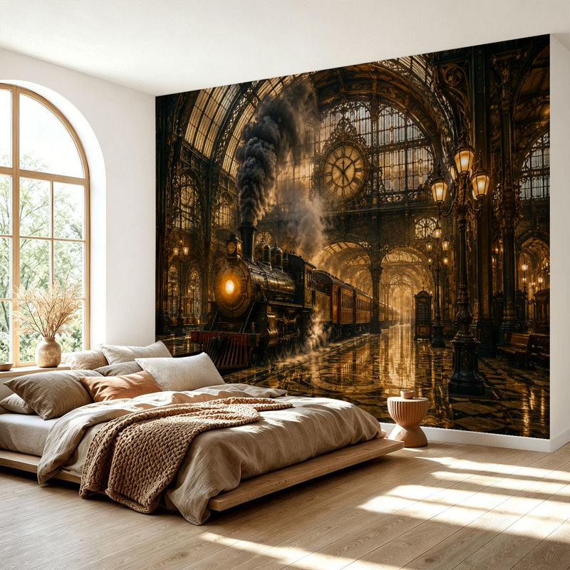 Papier peint mural autocollant et repositionnable, motif de train vintage et grande gare architecturale lumineuse, idéal pour le salon, la chambre ou la chambre d'enfant (175 cm H x 244 cm L).