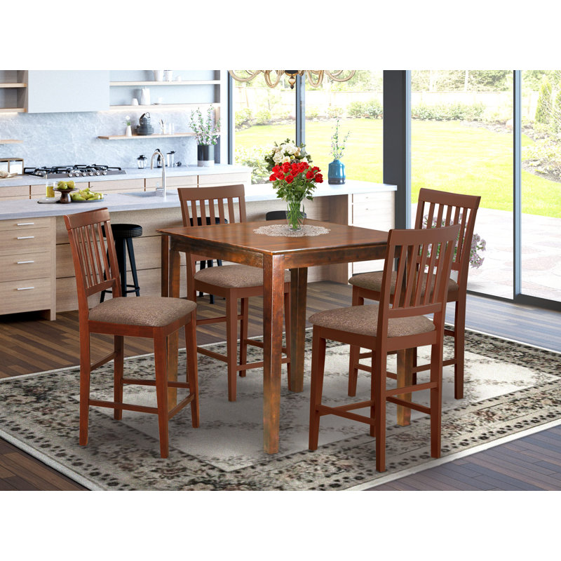 5 Piece Counter Height Dining Table Set Includes a Square Kitchen Table and 4 Linen Fabric Dining Chairs, Mahogany, Mahogany