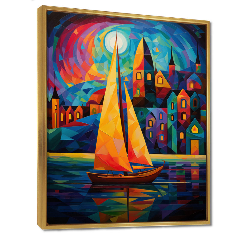Bateau à voile coloré au port II - décoration murale bateau à voile, Cadre flottant doré, H 20 po x l 12 po x P 1 po