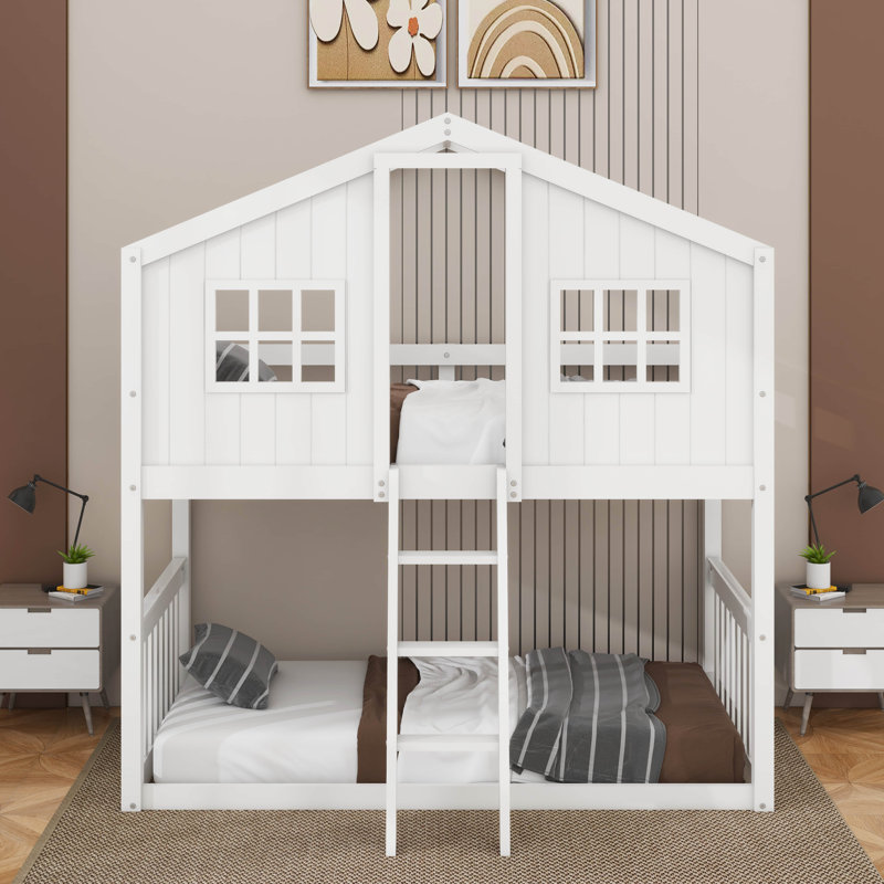 Twin Over Twin House Bunk Bed With Ladder, White