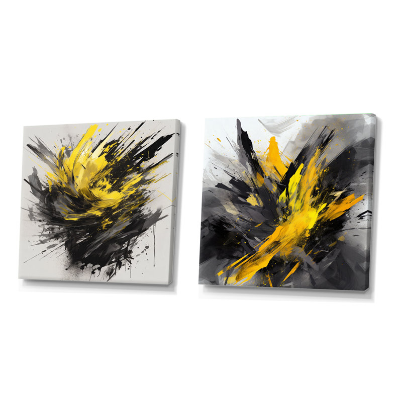 Evolving in Yellow Gray - Encre liquide - Formes abstraites carrées, ensemble de 2 collages, H 16 po x l 33 po, Toile tendue