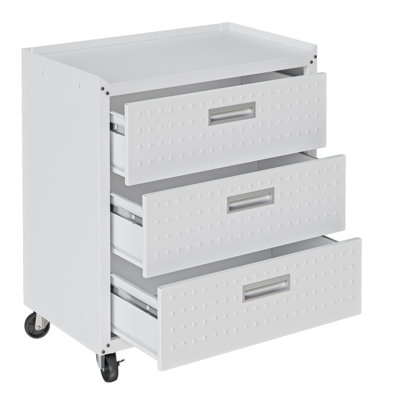 Fortress 30" W Modern 3-Drawer Metal Mobile Garage Storage Cabinet in White, White