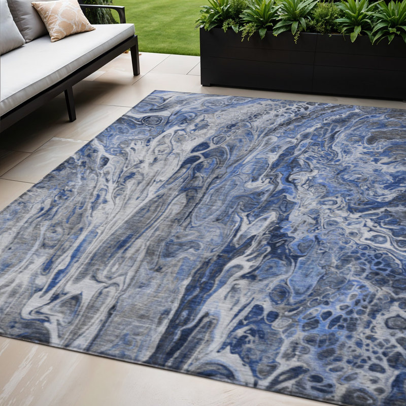 Tapis extérieur lavable abstrait bleu denim 5 pi x 8 pi bleu et bleu marine
