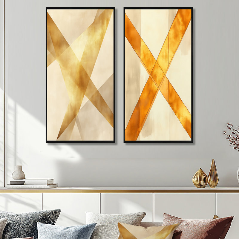 Golden Intersection - ensemble d'art mural abstrait sur toile géométrique 2 pièces, H 40 po x l 40 po, Cadre flottant noir
