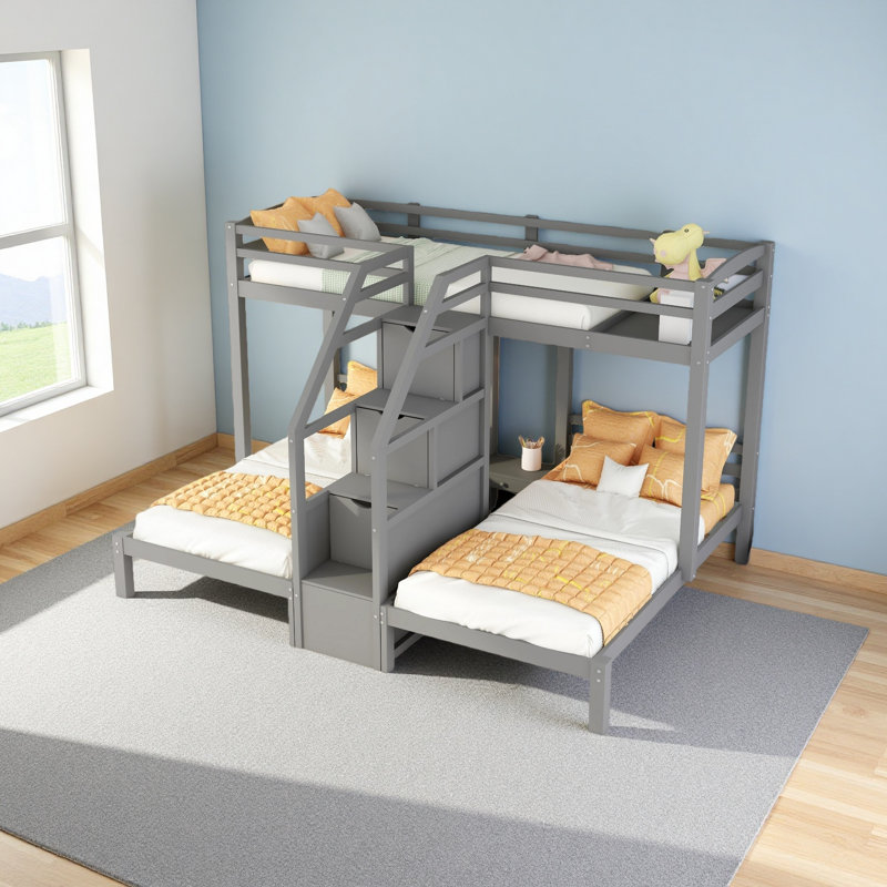 Twin Over Twin & Twin Bunk Bed With Built-In Staircase And Storage Drawer, Gray