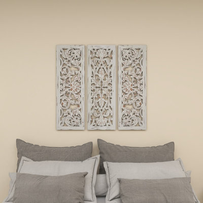 Ensemble de 3 décorations murales blanches en bois sculptées à la main à motif floral l 12 po, H 36 po
