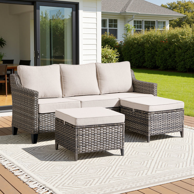 3 Pieces Patio Furniture Sofa Set-Outdoor Wicker Patio Furniture With Ottomans And All-Weather Patio Conversation Set For Backyard Porch Garden