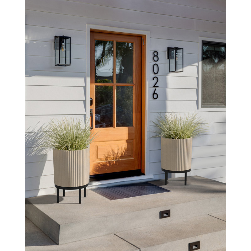 Sandstone and Black 16" Concrete-Composite Planter Set with Acacia Wood Stand