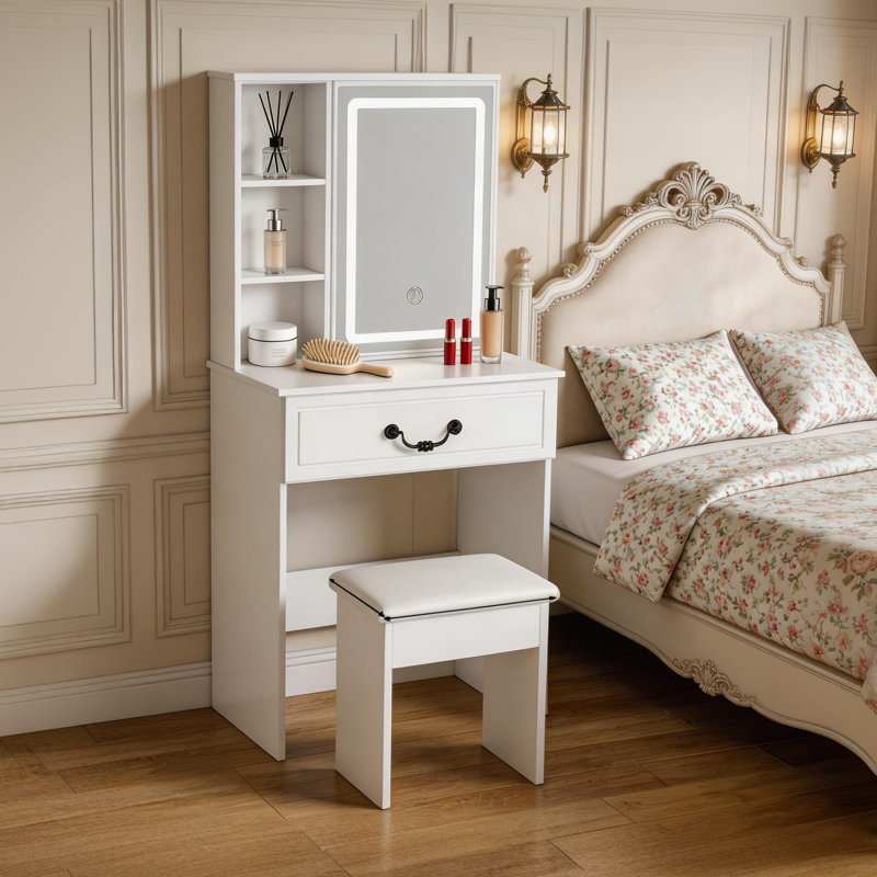 Mini coiffeuse moderne avec miroir à DEL, luminosité réglable, rangement dissimulé, tabouret rembourré et tablettes anti-poussière