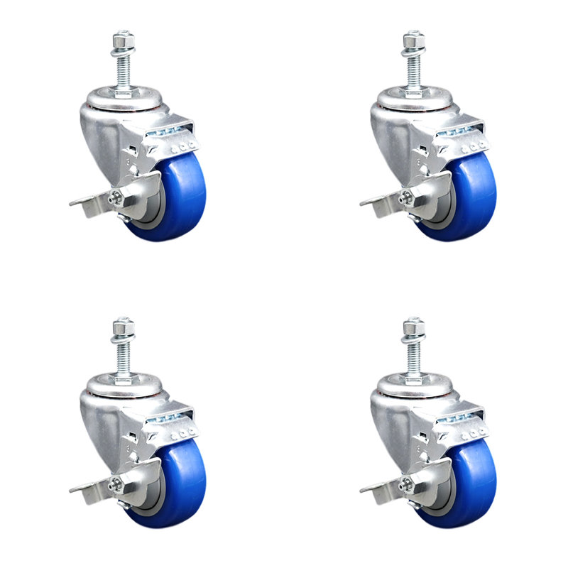 Ensemble de roulettes à tige filetée pivotante 3,5 po 3,5 mm avec frein, Bleu