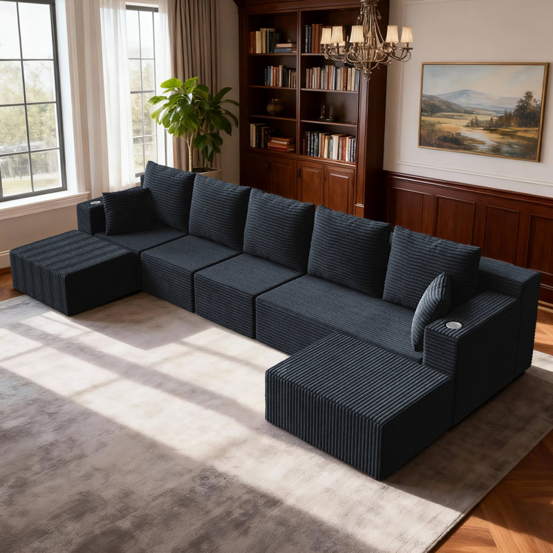 Canapé modulaire en velours côtelé de 137 po avec deux repose-pieds et porte-gobelets, Velours côtelé noir