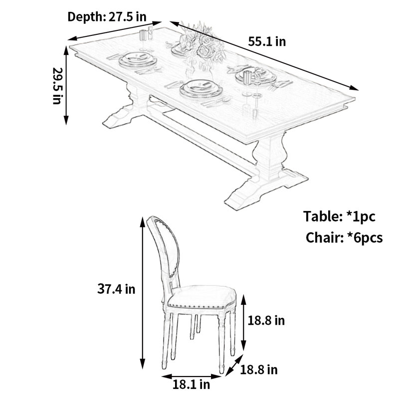 Table et chaises de salle à manger d'inspiration rétro, H 29,50 po x L 55,10 po x l 27,50 po