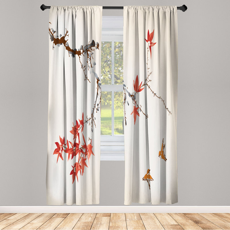Ebern Designs Japanese Curtains, Coral Hues Cherry Blossoms, Pair of 28", Burnt Sienna, 28" W x 84" L