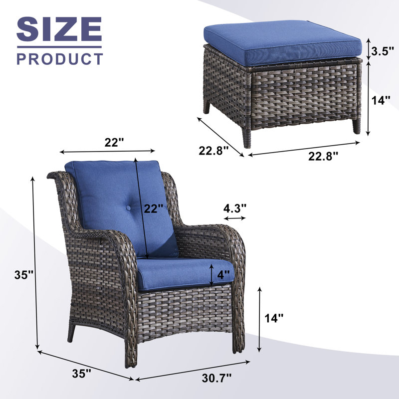 Bonia Outdoor Lounge Chair with Ottoman, Gray Frame/Blue Cushion
