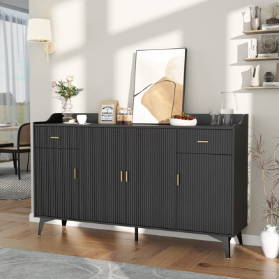 Fluted Sideboard Buffet Cabinet With Storage: 63" Black Buffet Sideboard Cabinet With Drawers, Modern Wood Credenza With 3 Doors, Living Room Console by Wrought Studio