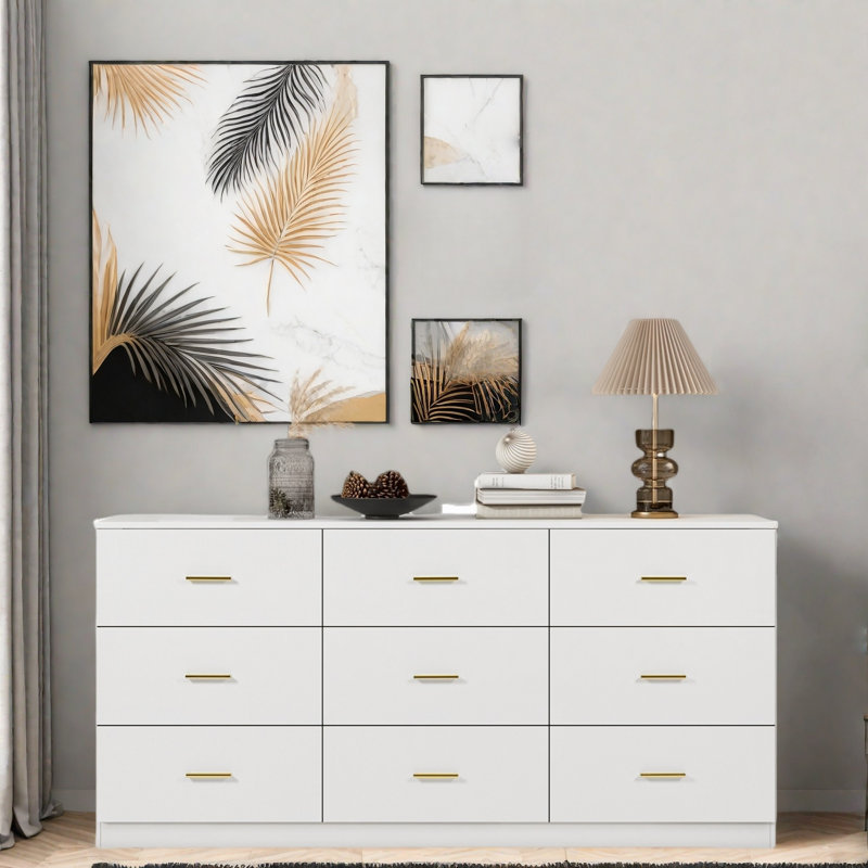 Commode moderne avec 9 tiroirs et poignées dorées
