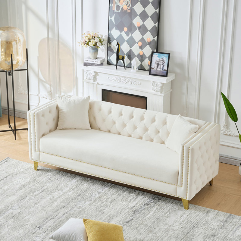 Canapé Chesterfield en velours à 3 places avec accoudoirs carrés cloutés pour le salon, Beige