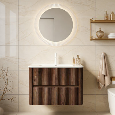 30" Bathroom Vanity with Sink, Wall-Mounted Floating Plywood  Bathroom Storage Cabinet with 2 Drawers, White Ceramic Basin, NO Faucet, Pre-assembled, Retro Walnut Woodgrain Color