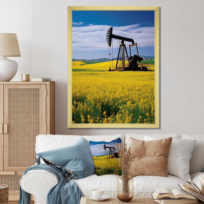 Foreuse à pétrole verte et jaune, Cadre doré simple, H 32 po x l 16 po x P 1 po