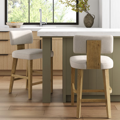 Bentwood Counter Stool Set with Solid Wood Legs and Flax Upholstery