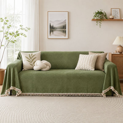 Green Chenille Herringbone Sofa Cover with Tassels