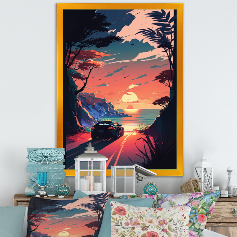 «Road to the Sunset V», reproduction sur toile, L 12 po x H 20 po, Cadre photo doré