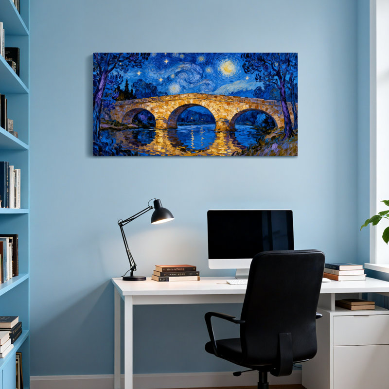 «Landscape & Nature Starry Night Bridge Reflection», peinture de paysage, H 16 po x l 32 po
