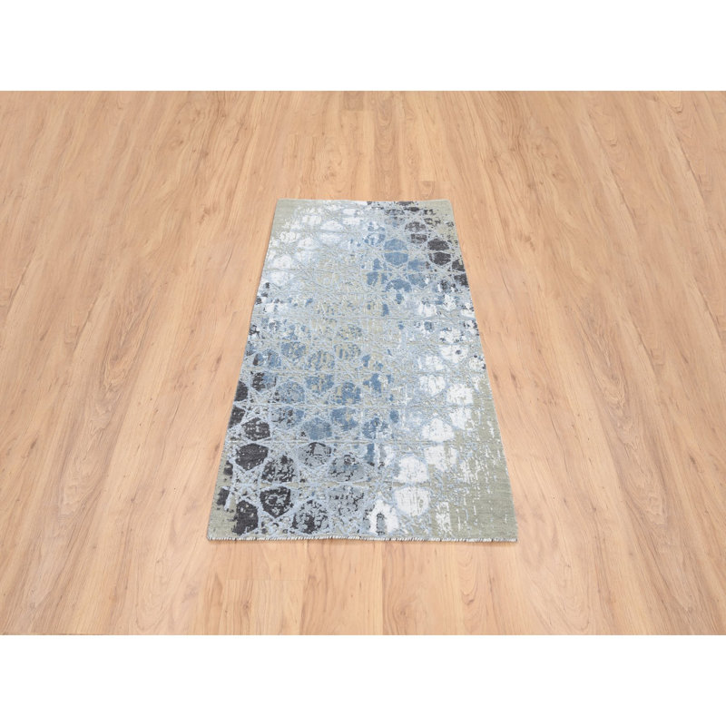 Tapis oriental gris et bleu en laine et en soie noué à la main 2 pi 8 po x 5 pi 10 po 295D8A33C04B4C75BDFAA4DB4E766E4F