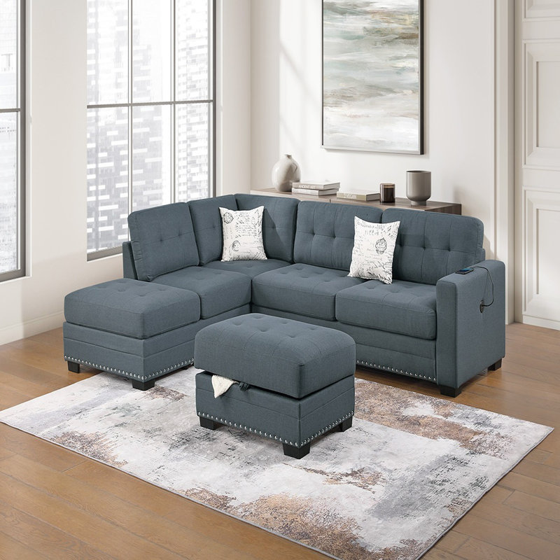 Ensemble de salon modulaire en forme de L avec repose-pieds, ensemble de 3 pièces en tissu capitonné capitonné, coussins cloutés