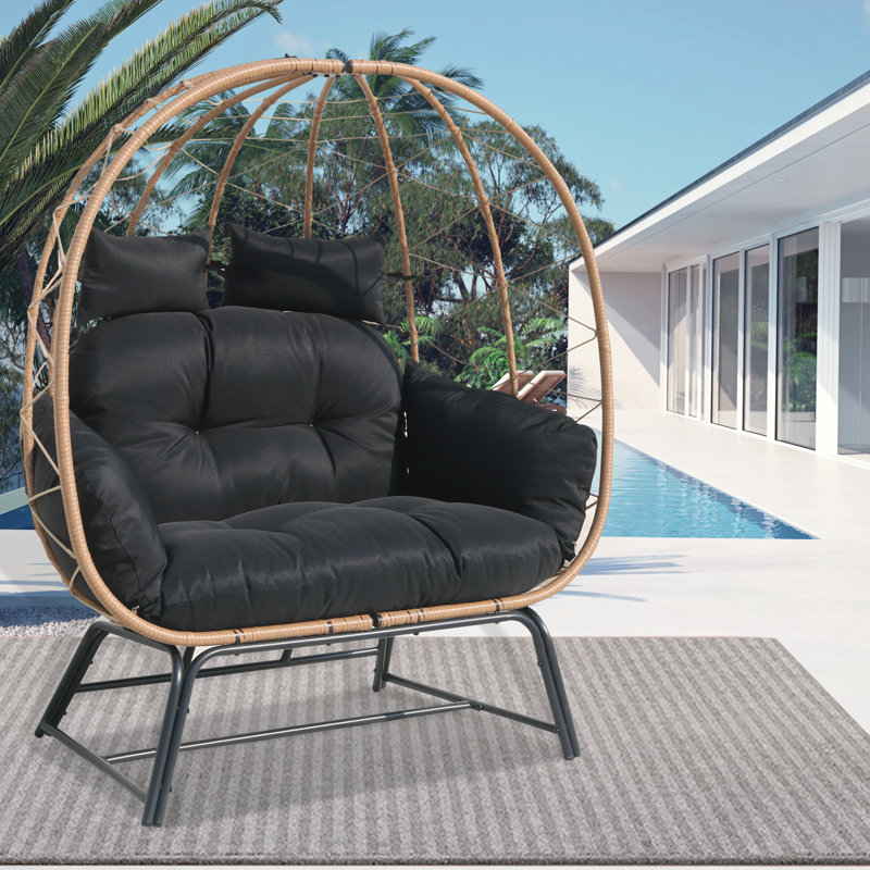 Wicker Egg Chair with Ottoman & Cushion - Outdoor Patio Hanging Chair with Footrest, Beige, Black
