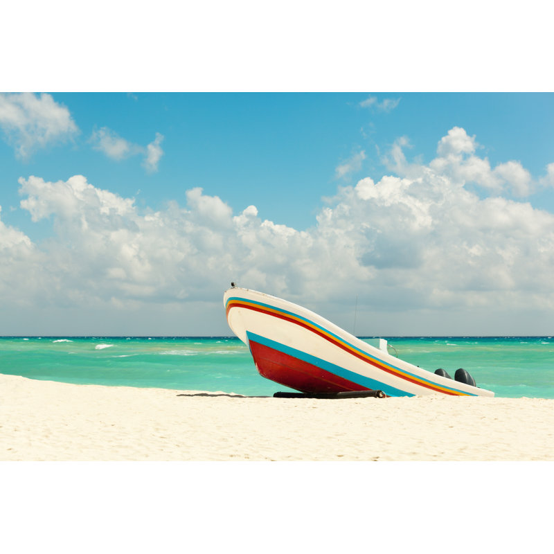 Plage avec bateau de pêche de Yinyang, H 32 po x l 48 po